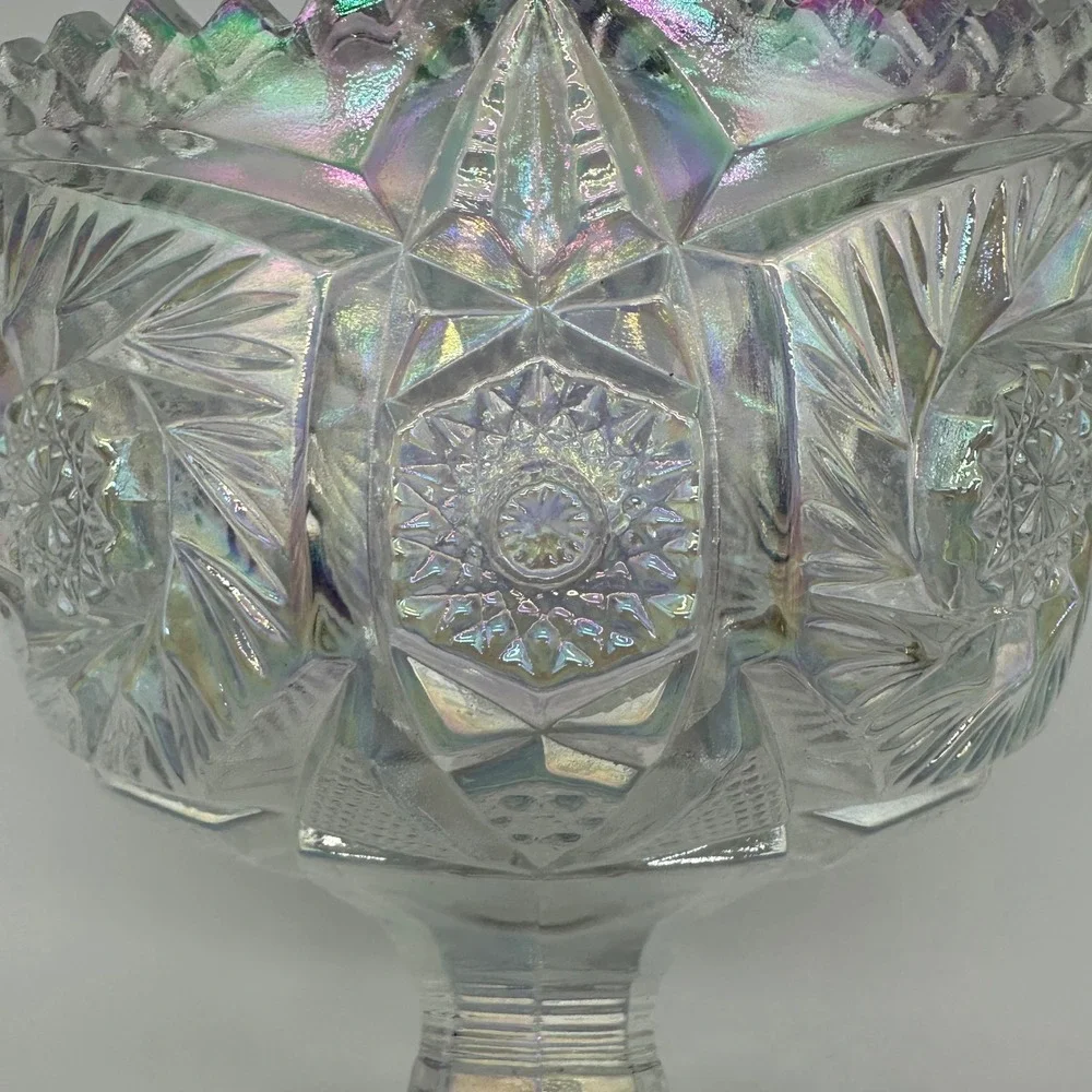Vintage L.E. Smith Carnival Glass Footed Bowl Iridescent Pinwheel Star Pattern